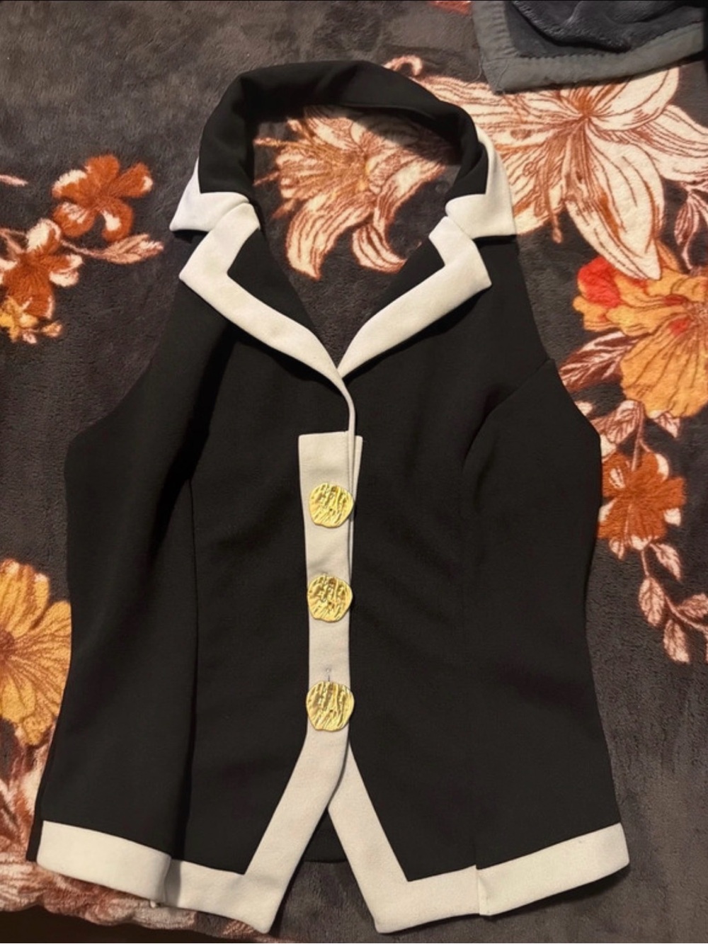 SHEIN Black Halter Vest with White Trim and Gold Buttons